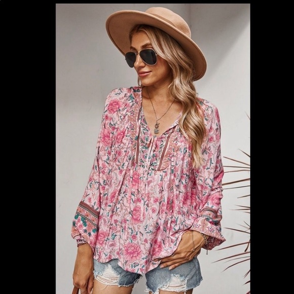 Pink Boho Festival Flowy Floral Blouse - Picture 5 of 8